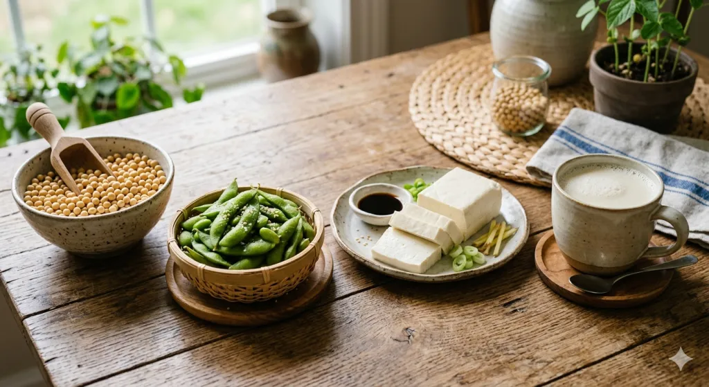 常見植物性蛋白質食物,包括豆漿、豆腐、毛豆與黃豆